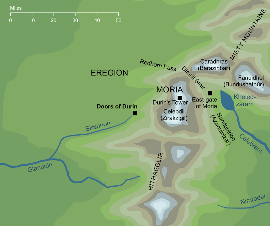 Map showing the location of the Doors of Durin