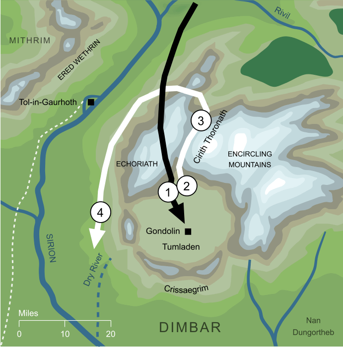 Map showing the main events of the Fall of Gondolin