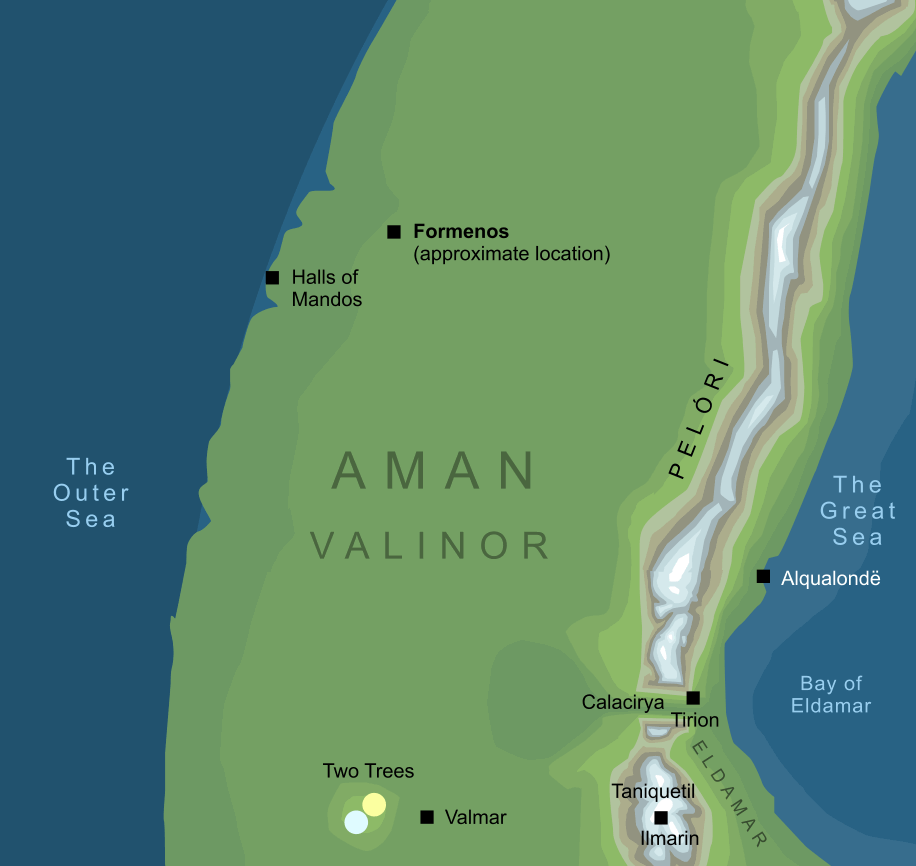 Map showing the approximate location of Formenos in Valinor