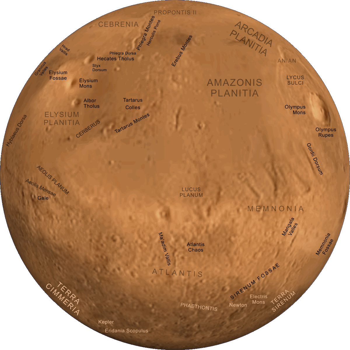 Map of Mars, centred on longitude 180°
