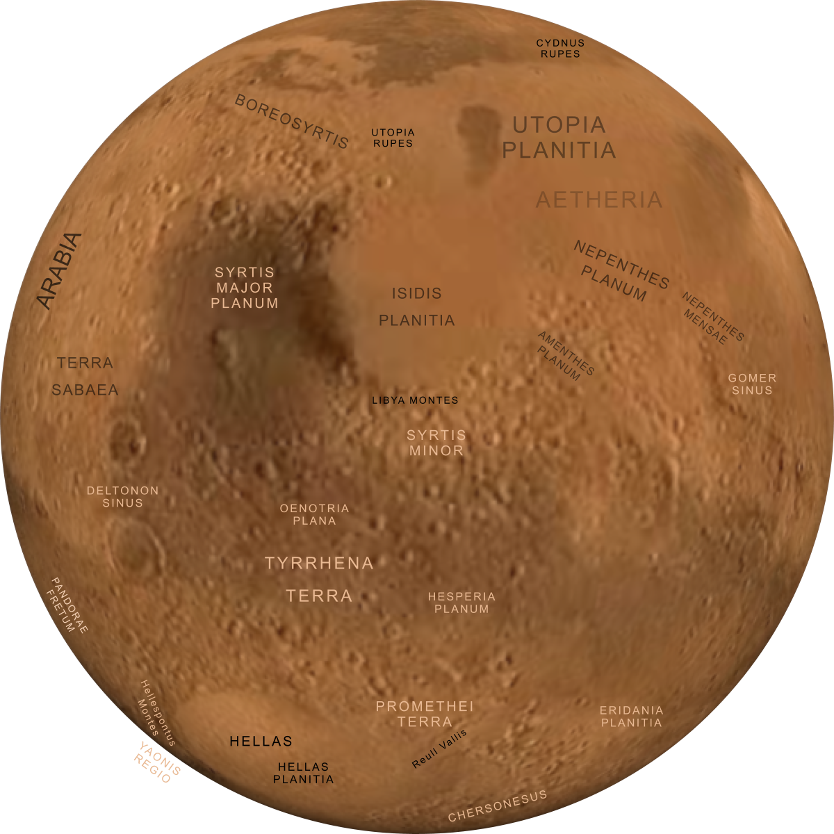Map of Mars, centred on longitude 270°