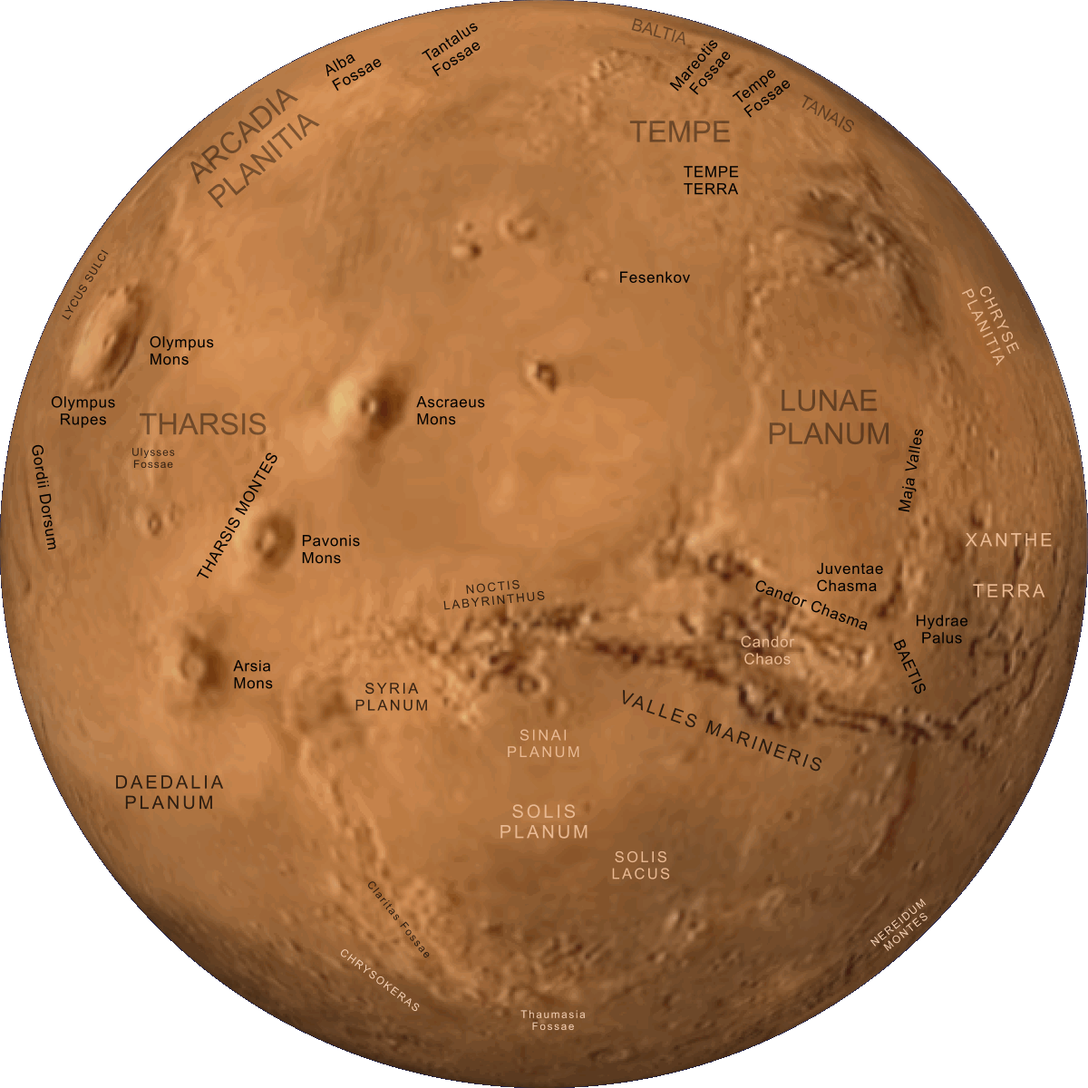 Map of Mars, centred on longitude 90°